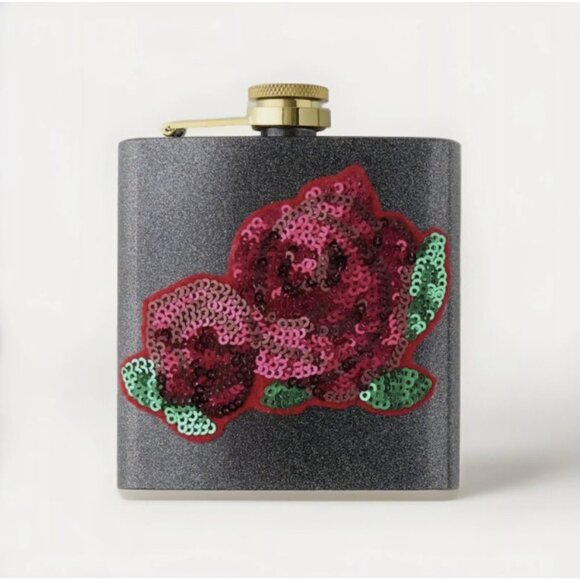 Urban Outfitters Sequin Rose Embellished Flask Grey Red 6oz New - Picture 1 of 9